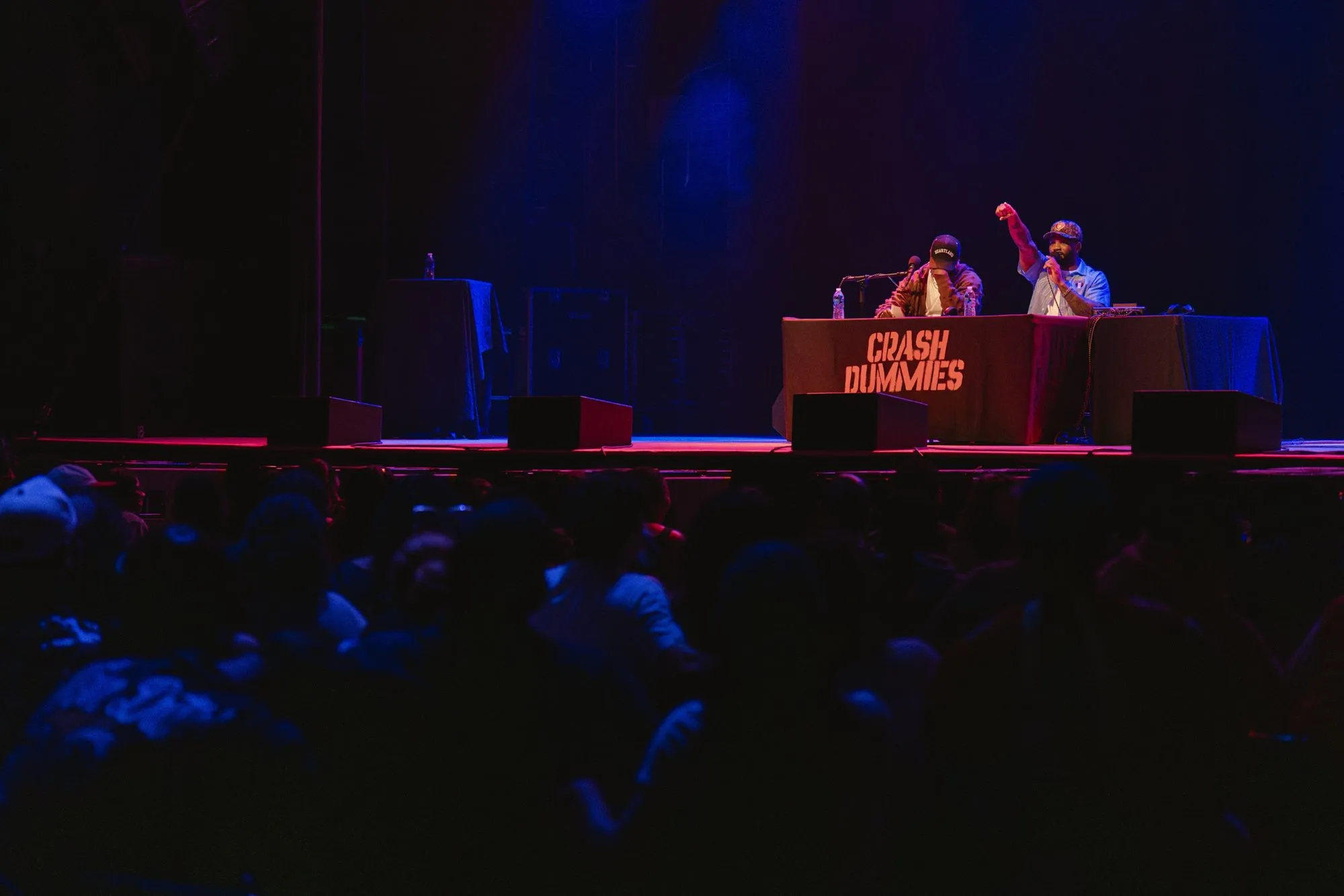 Wide shot of the stage and a packed crowd, fist in the air