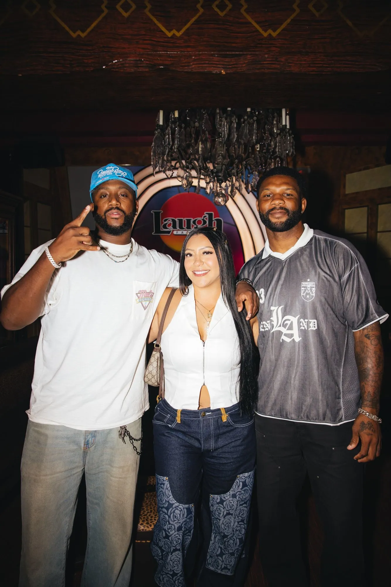 Mike and Pat with a fan in the lobby
